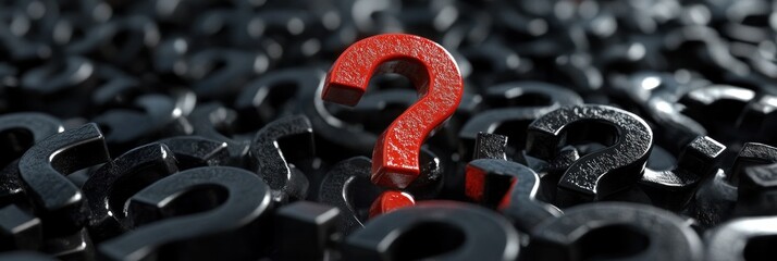 Shiny red question mark standing out among many dark metallic question marks symbolizing confusion or curiosity