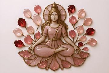 Stained glass-style meditation woman with pink and red leaves — AI-generated