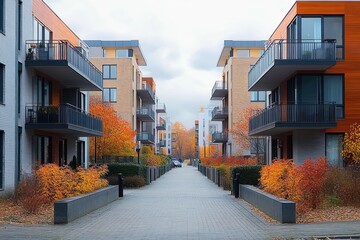 Symmetrical view of modern apartment buildings lining a paved pedestrian street with vibrant autumn foliage on both sides under a cloudy sky