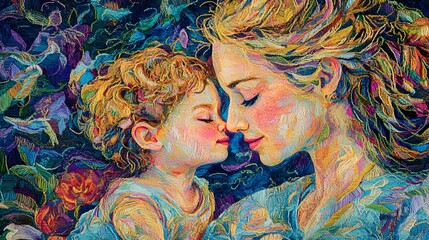 Tender moment between a mother and child, showcasing love in vibrant colors.