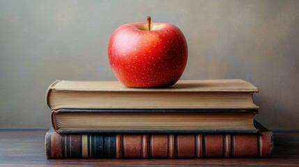 Red apple placed on top of a stack of three old hardcover books on a wooden surface with a neutral background