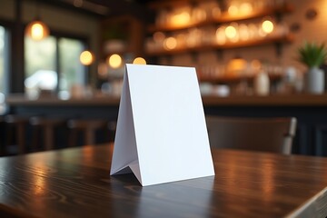 Blank table tent card mockup for restaurant menu promotion and advertising on wooden table background 