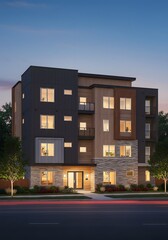 Obraz premium a modern multifamily building, finished with Hardie plank siding on the exterior. modern apartment complex with a flat roof, combination of dark metal siding, light wood accents stone veneer