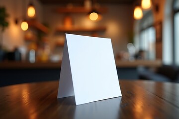 Blank table tent card mockup on wooden table in cafe restaurant for menu or advertising design 