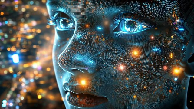 Artificial intelligence face formed by electronic circuits and glowing lights emerges from blurred futuristic city lights at night, embodying smart city and technological singularity concepts