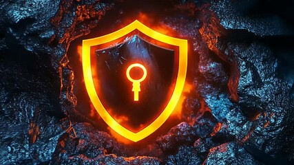 Fiery shield emblem with key symbol glowing amidst dark rocky background, representing security and protection