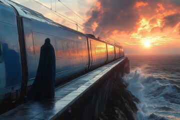 lonely figure in dark cloak standing on a coastal train platform at sunset with the ocean waves crashing against rocks below