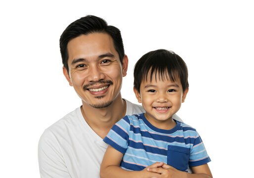Smiling Asian Father Holding Young Son in Casual Attire with Joyful Expression