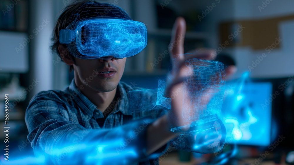 Aufkleber man wearing vr headset interacts with virtual interface, showcasing futuristic technology in modern 
