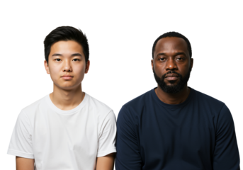 Portrait of a Young Asian Male and an Adult Black Male Sitting Together Against a transparent background