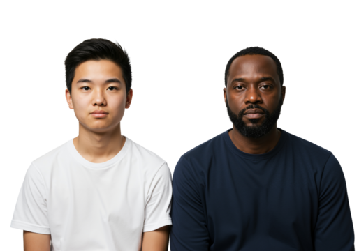 Portrait of a Young Asian Male and an Adult Black Male Sitting Together Against a transparent background