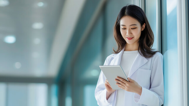 Asian female doctor in white coat using digital tablet, standing in modern hospital corridor, smiling confidently