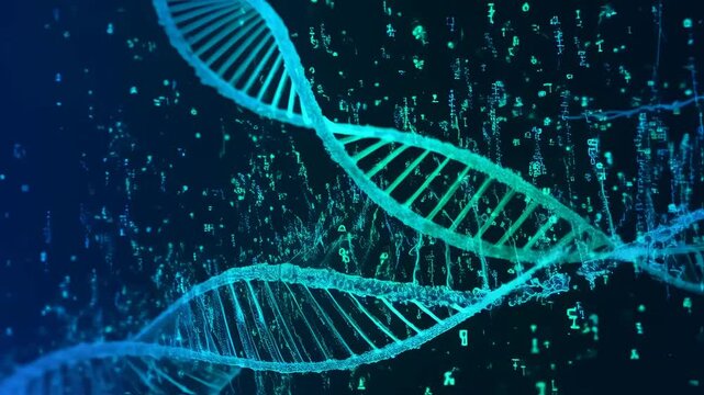Abstract animation of digital dna helix with binary code, genetic research background