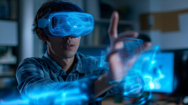 Man wearing VR headset interacts with virtual interface, showcasing futuristic technology in modern office setting. scene highlights innovation and digital immersion