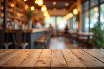 Wooden table top in blurred cafe restaurant background for product display and presentation mockup 3d render 