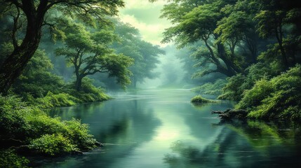 Fototapeta premium Tranquil forest river surrounded by lush green trees and dense foliage with misty atmosphere and soft natural light reflecting on calm water