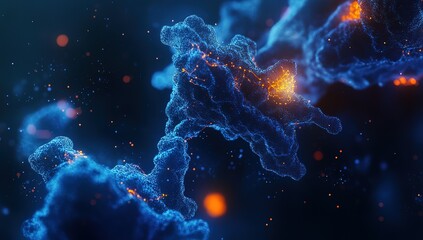 3D render of an abstract illustration, showing some neurons and a neural network in blue color with glowing orange elements. The background is dark blue with light effects.