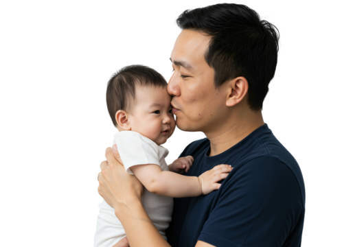 Father and Baby Portrait: Tender Moment of Asian Male and Infants in Loving Embrace with Touching Kiss