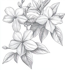 Detailed black and white pencil sketch of three blooming flowers with multiple leaves and buds, showing intricate vein and texture details on petals and leaves
