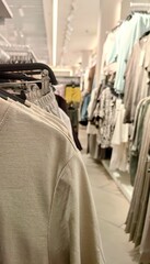 light hoodies and blouses hang neatly on black metal hangers in boutique. collection features range...