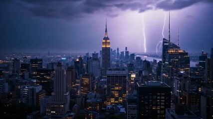 Spectacular Lightning Storm Over New York City Skyline and Skyscrapers at Night - Powered by Adobe