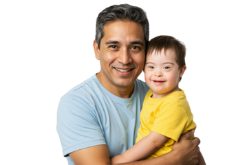 Smiling Father Holding Toddler with Down Syndrome in Bright Clothing on transparent background