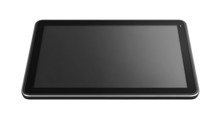 Sleek tablet computer with a blank dark screen, perfect for showcasing apps, websites, or digital content on a minimalist transparent background, silhouette