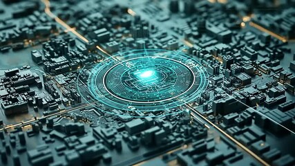 Aerial view of a futuristic cityscape with glowing digital interfaces and vibrant technology signals - Powered by Adobe