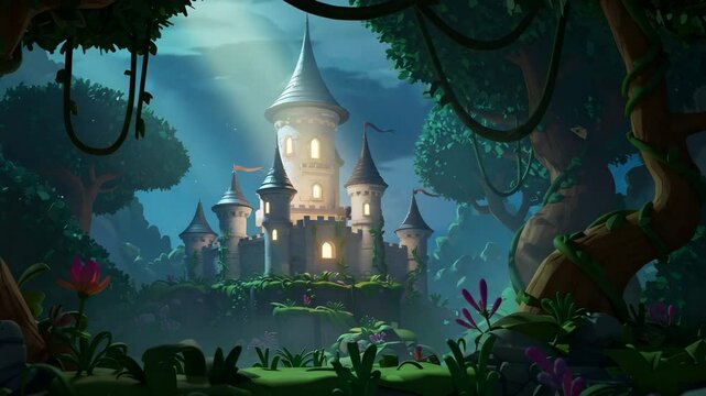 3d render cartoon fantasy landscape, shiny textures with jungle vines and castle glowing in dramatic light