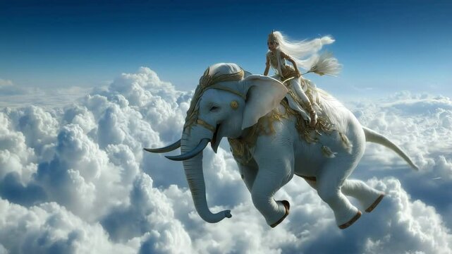 Majestic scene of Indra riding Airavata through fluffy clouds, embodying divine power and serenity. Inspired by Hindu mythology, showcasing celestial beauty and grandeur.