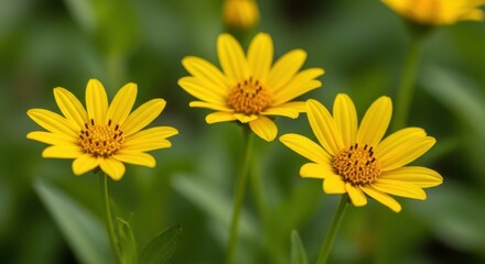 Close-up of Three Bright Yellow Wildflowers with Green Background