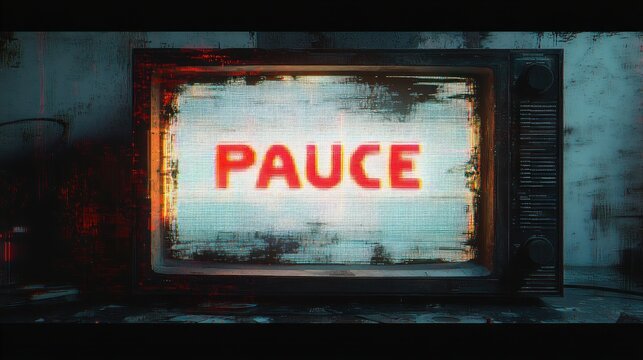 Old CRT television screen displaying the word 'PAUSE' in red letters with a glitchy, distorted effect in a dark room