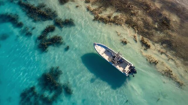 A birdseye view captures the patrol skiff patrolling the shallow bay with its shadow contrasting against the sandy bottom revealing intricate patterns of coral and marine life below.