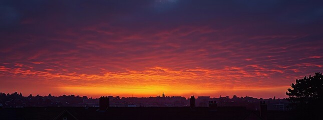 Vibrant orange and purple sunset sky over a silhouetted city skyline with rooftops and a tree in the foreground, creating a calm and dramatic atmosphere