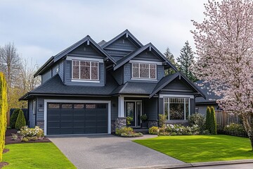 Modern two-story gray house with large garage, well-maintained green lawn, flowering tree, and landscaped garden under cloudy sky