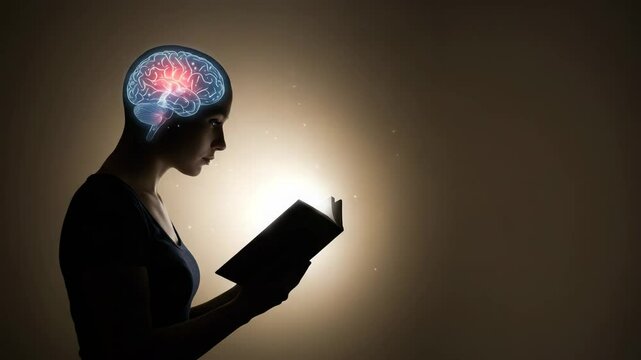 Young woman thinking deeply while reading a book with brain activity illustration in dark background