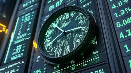 Digital clock displaying market data in a high-tech trading environment with glowing screens - Powered by Adobe