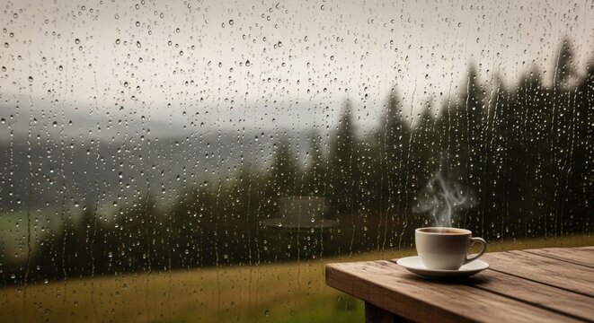 A warm cup of coffee on a rainy day with a beautiful view