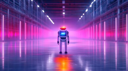 Fototapeta premium Lonely robot standing in a large futuristic corridor with glowing purple and pink neon lights creating a surreal and mysterious atmosphere