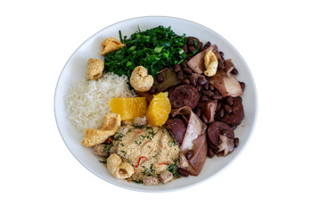 Traditional Brazilian feijoada on white round plate isolated on transparent background