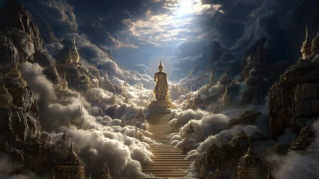 Photorealistic scene of a serene Buddha descending from the heavens, surrounded by ethereal clouds and majestic mountains, evoking peace and enlightenment. Inspired by Buddhist texts.
