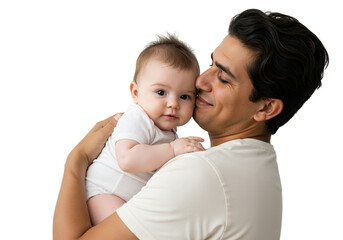 Caring Father Holding Baby in White Outfit Portrait