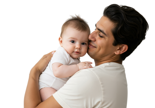 Caring Father Holding Baby in White Outfit Portrait