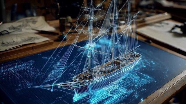 An aerial shot of a ship blueprint laid out on a drafting board enhanced by augmented reality simulations that visualize the installation of sails and rigging allowing for a threedimensional