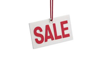 Promotional sale tag featuring red lettering on a white card suspended by a string against a transparent background, ideal for advertising and marketing campaigns, silhouette
