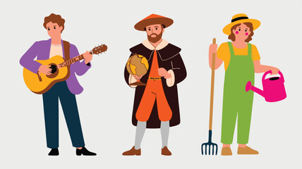 Cartoon Illustration of a Musician, Explorer Holding Globe, and Gardener with Watering Can and Pitchfork