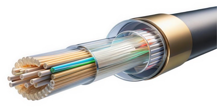 A close-up view of a fiber optic cable, showcasing its intricate inner structure with numerous colorful fibers, designed for high-speed data transmission.