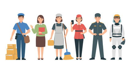 Obraz premium Diverse Group of Professionals Posing Mailman, Teacher, Maid, Hotel Worker, Security Guard, and Astronaut