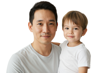 Portrait of a Smiling Asian Father Holding His Young Son in a Casual Setting