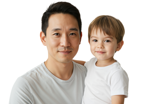 Portrait of a Smiling Asian Father Holding His Young Son in a Casual Setting